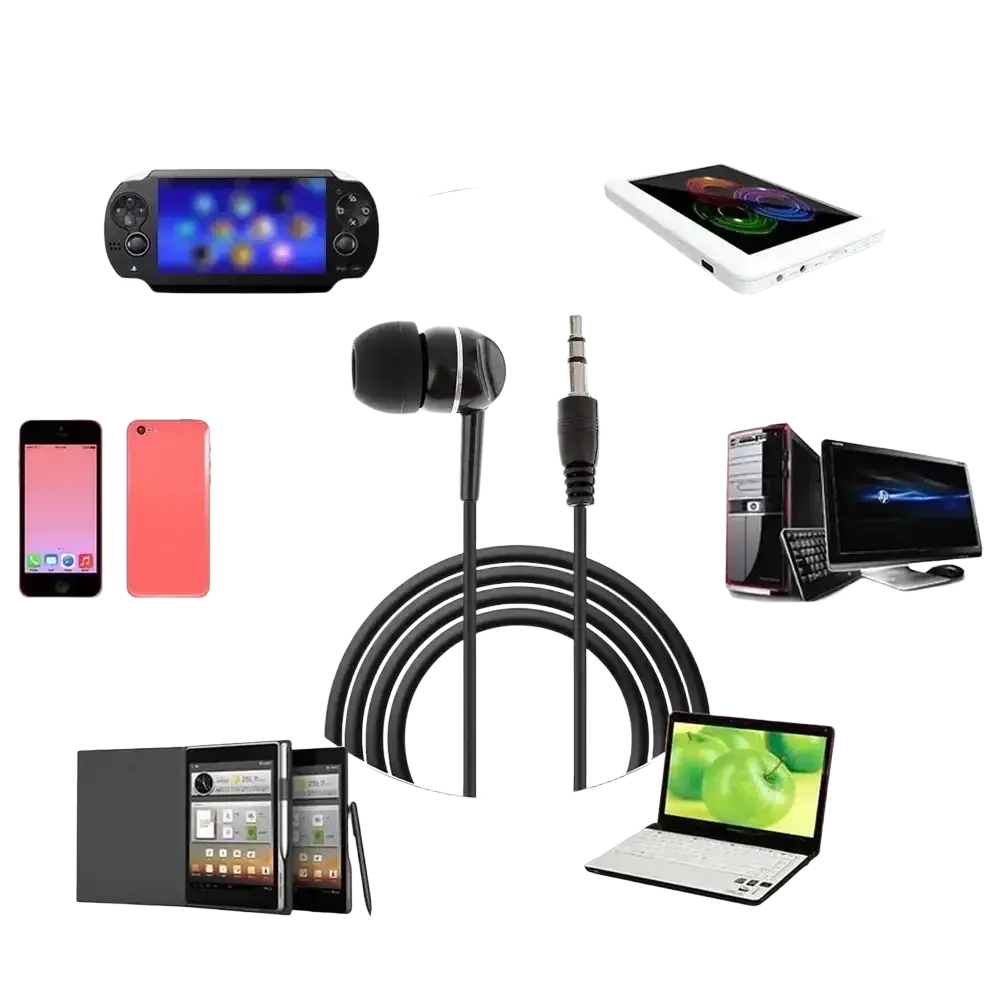 Black coiled wired headphones with 3.5mm jack and silicone earbuds for mp3 mp4 devices in-ear stereo headset