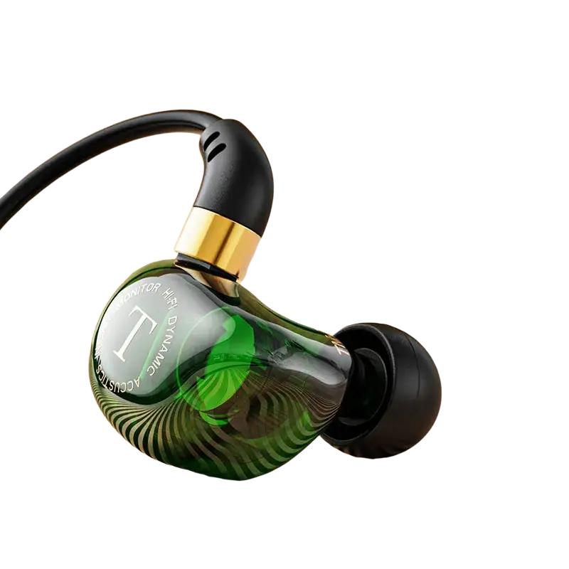 Emerald green wired headphones featuring glossy resin in-ear monitors with black silicone tips and gold accents