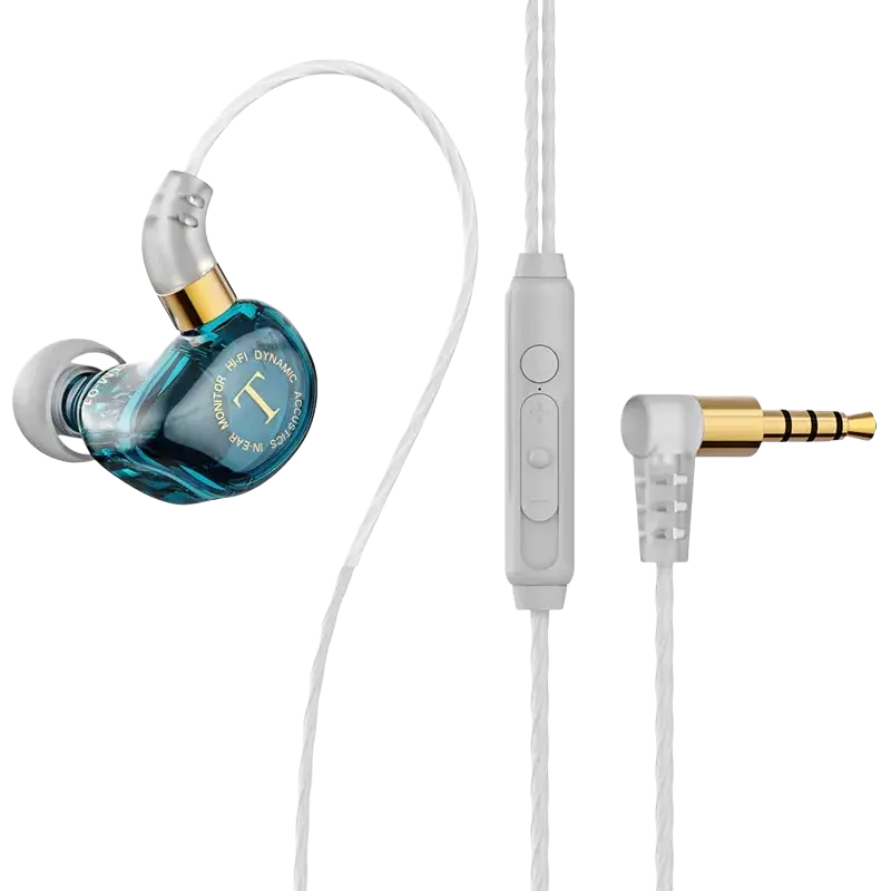 Wired headphones emerald green in ear hifi mic with translucent blue and gold design and inline control feature