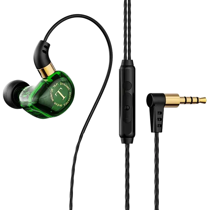 Wired headphones emerald green in ear hifi mic with green translucent dynamic earbuds gold accents and black braided cable