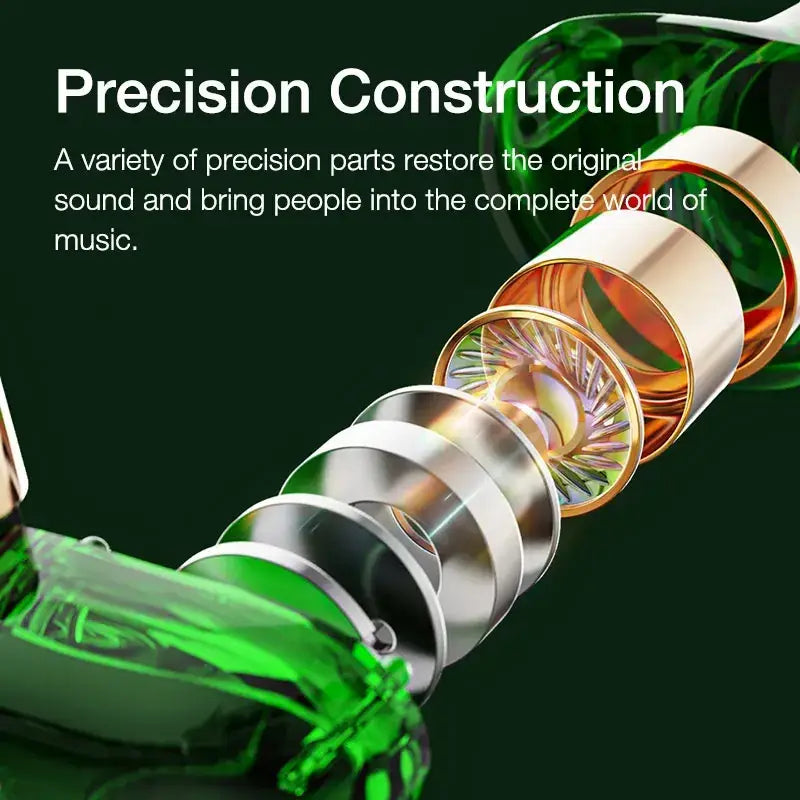 Wired headphones emerald green in ear hifi mic with green translucent housing and metallic silver and gold precision components