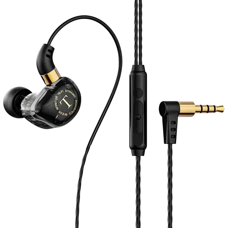Emerald green wired headphones with stereo mic feature black and gold in-ear monitors and transparent housing showing components