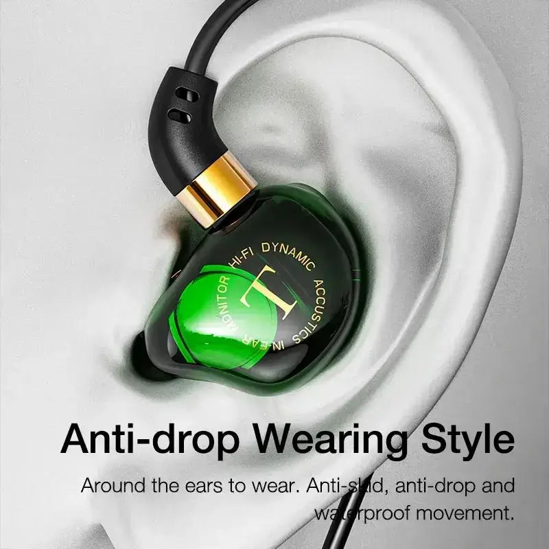 Emerald green and black wired headphones with gold accent glossy finish featuring an in-ear stereo mic