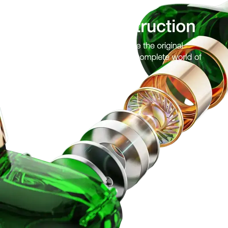 Green and gold precision-engineered earphone driver components of wired headphones emerald green with stereo mic