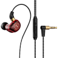 Red translucent dynamic in-ear wired headphones with black and gold accents featuring stereo mic for emerald green use