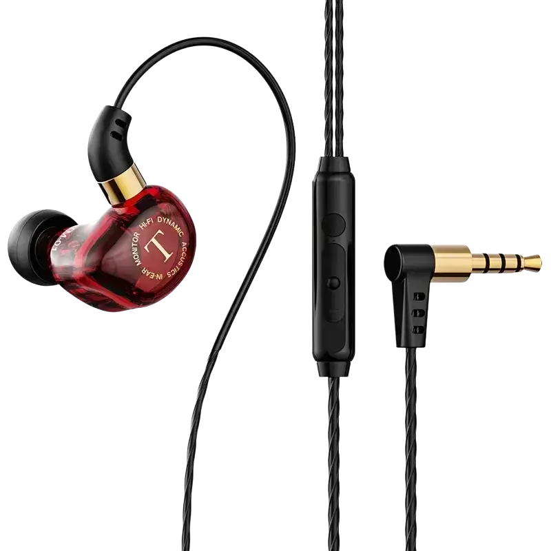 Red translucent dynamic in-ear wired headphones with black and gold accents featuring stereo mic for emerald green use