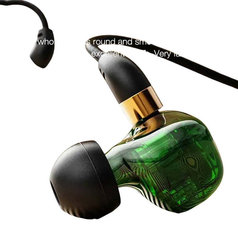 Emerald green wired headphones with gold accents and black silicone tips featuring a stereo mic for in-ear use