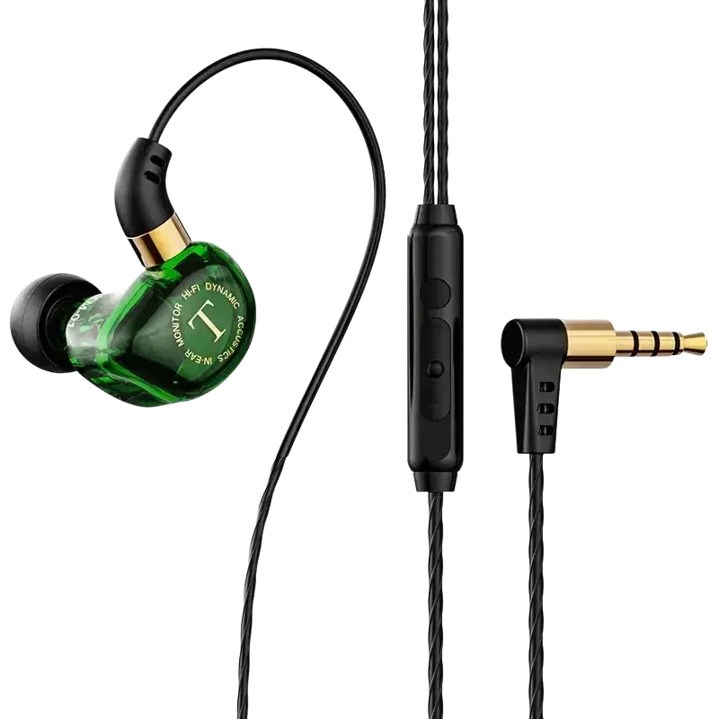 Wired headphones in emerald green with black and gold accents, braided cable, and inline stereo mic for in-ear use