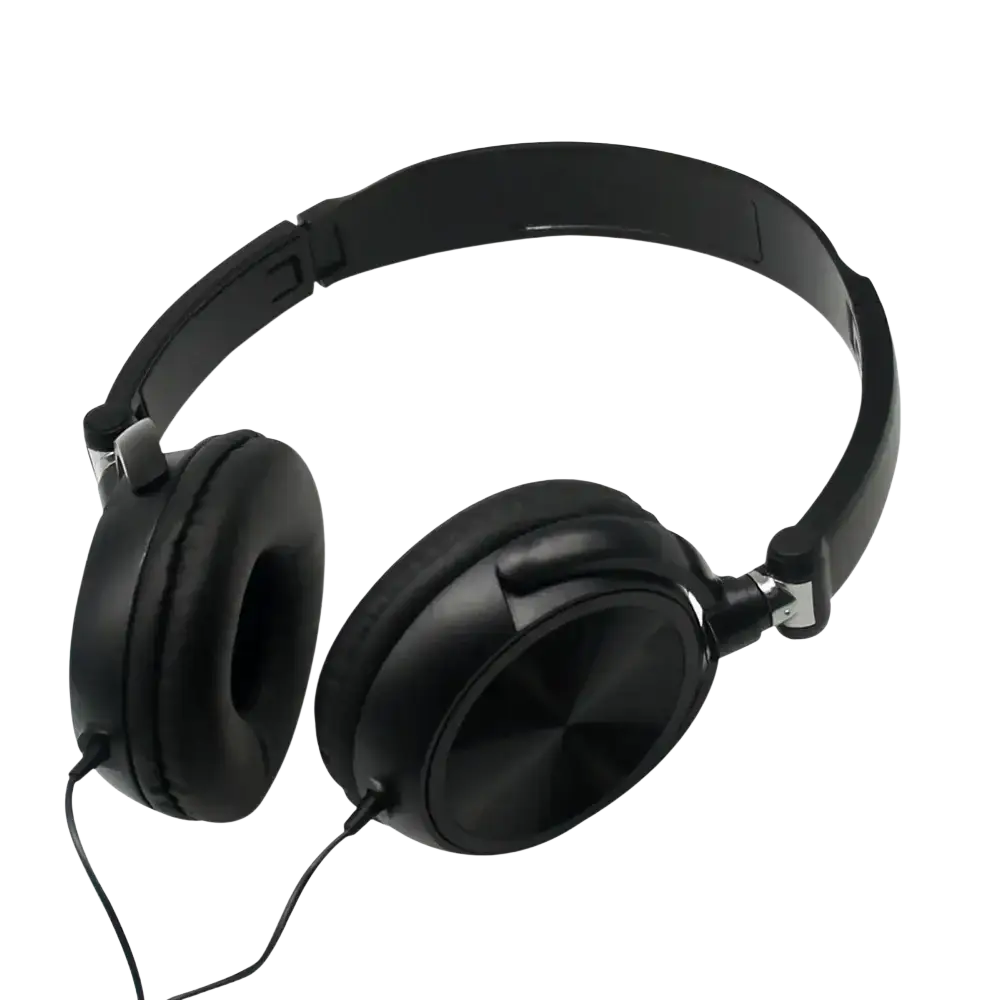 Black wired headphones with padded earcups and glossy finish offering hd sound and bass hifi stereo quality