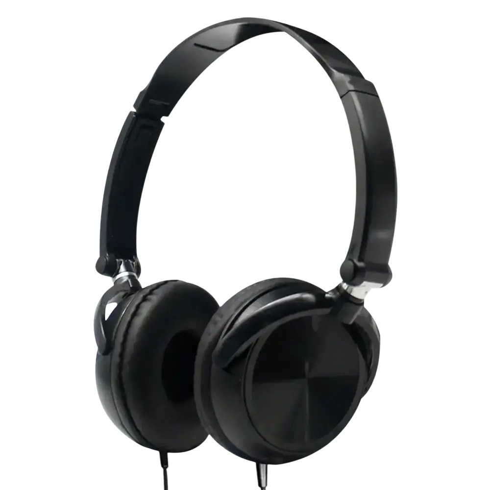 Black wired headphones with glossy finish and padded earcups offering hd sound and bass hifi stereo quality