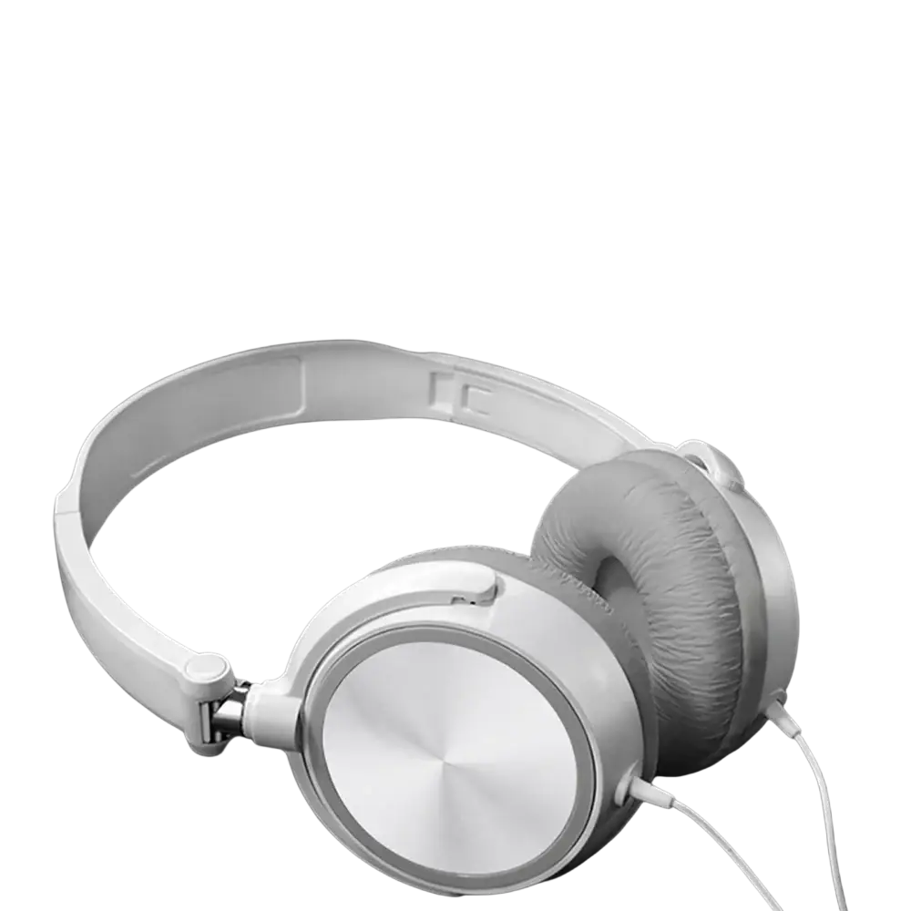 White wired headphones with metallic circular earcups and gray padded headband offering bass hifi sound headsets bass hifi