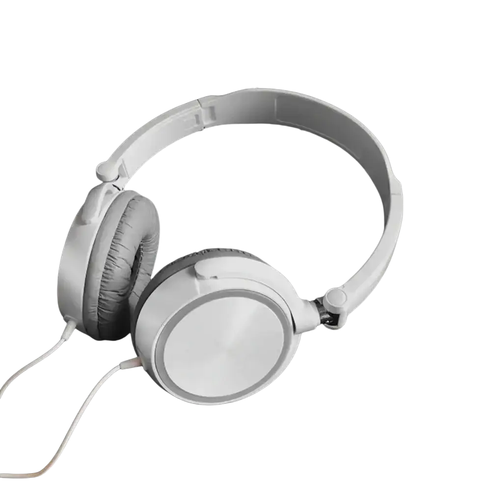 White wired headphones with bass hifi stereo feature and soft gray ear cushions in a sleek minimalist design