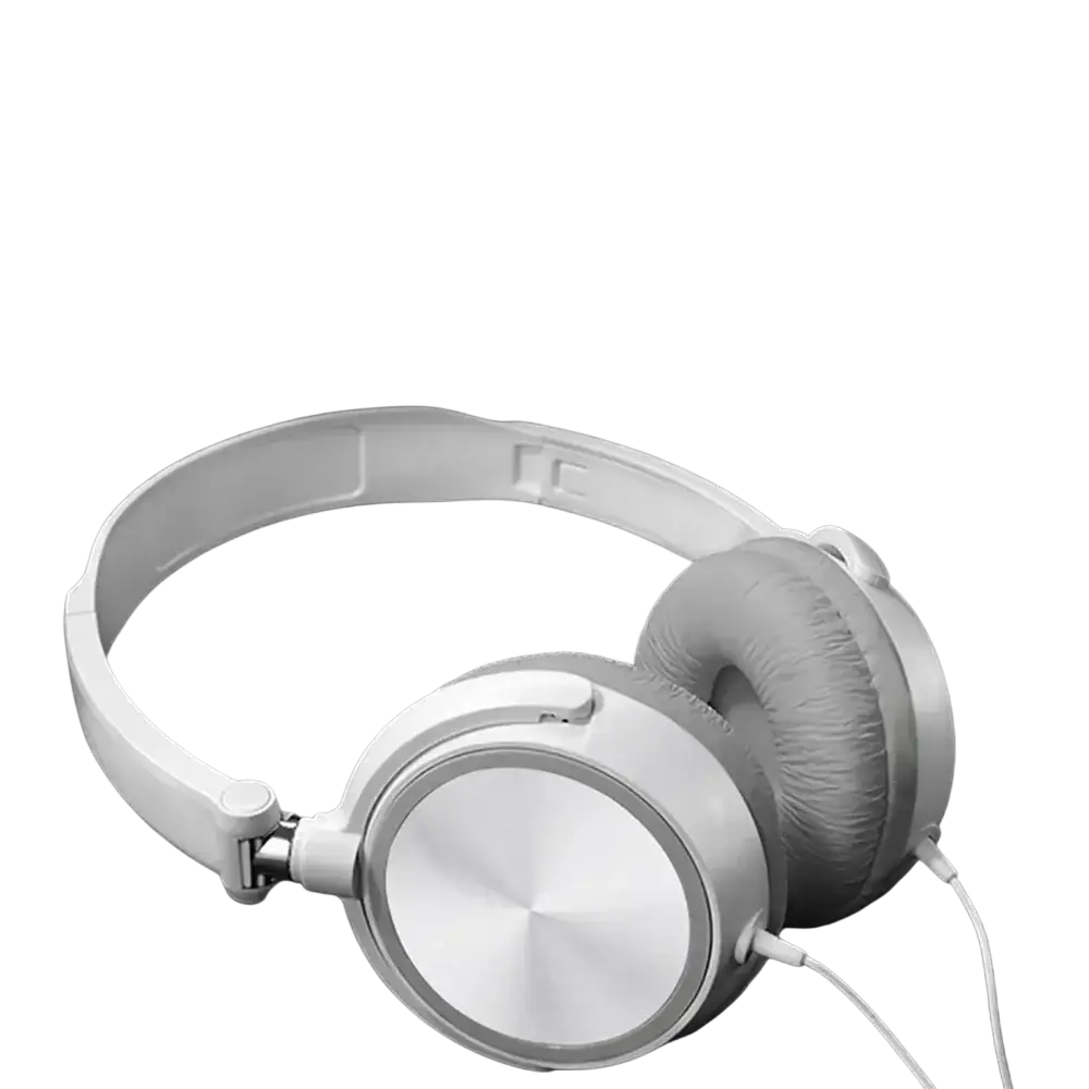 White wired headphones with soft gray padded earcups and metallic silver driver faceplate for bass hifi stereo sound