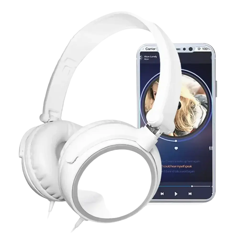 White wired headphones with padded earcups and sleek design delivering hd sound and bass hifi stereo quality