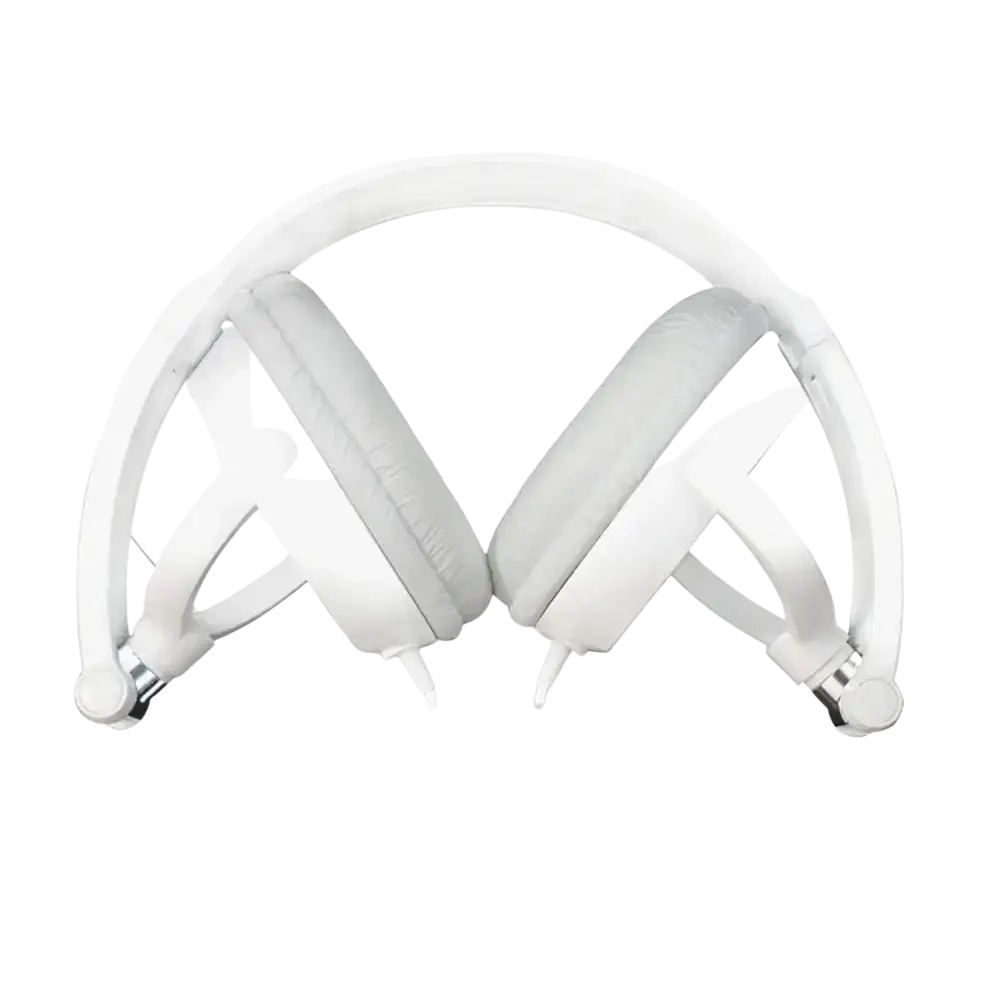 White wired headphones with padded earcups and sleek minimalist design featuring bass hifi stereo sound quality