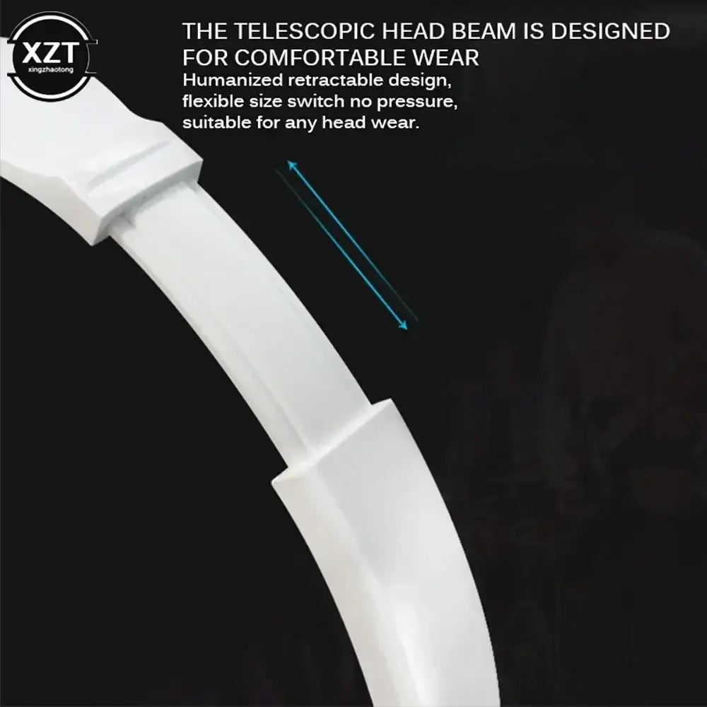 White wired headphones with a flexible telescopic head beam for comfortable bass hifi stereo listening experience