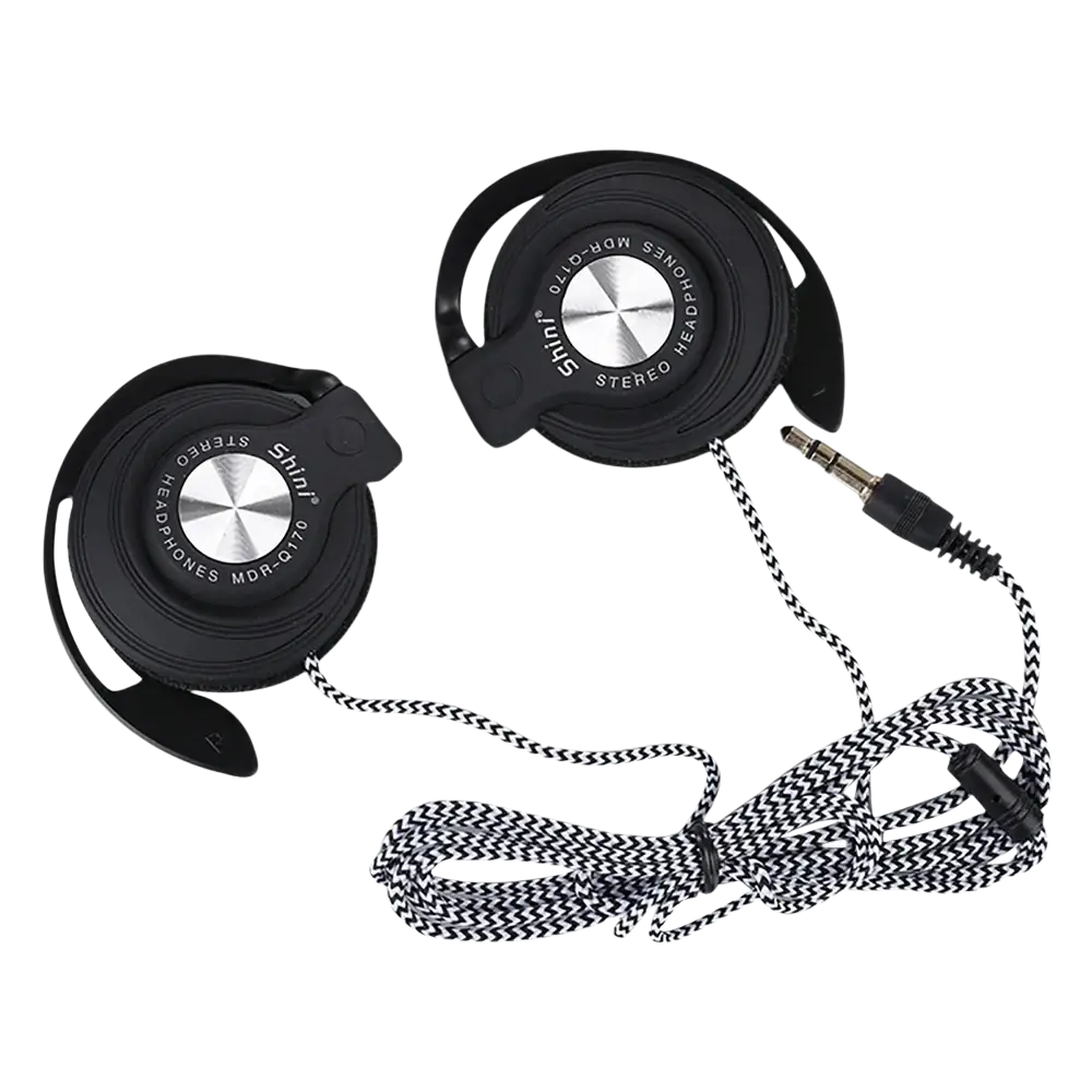 Black and silver MDR-QT70 wired headphones heavy bass with ear hook and braided black and white cable over ear design