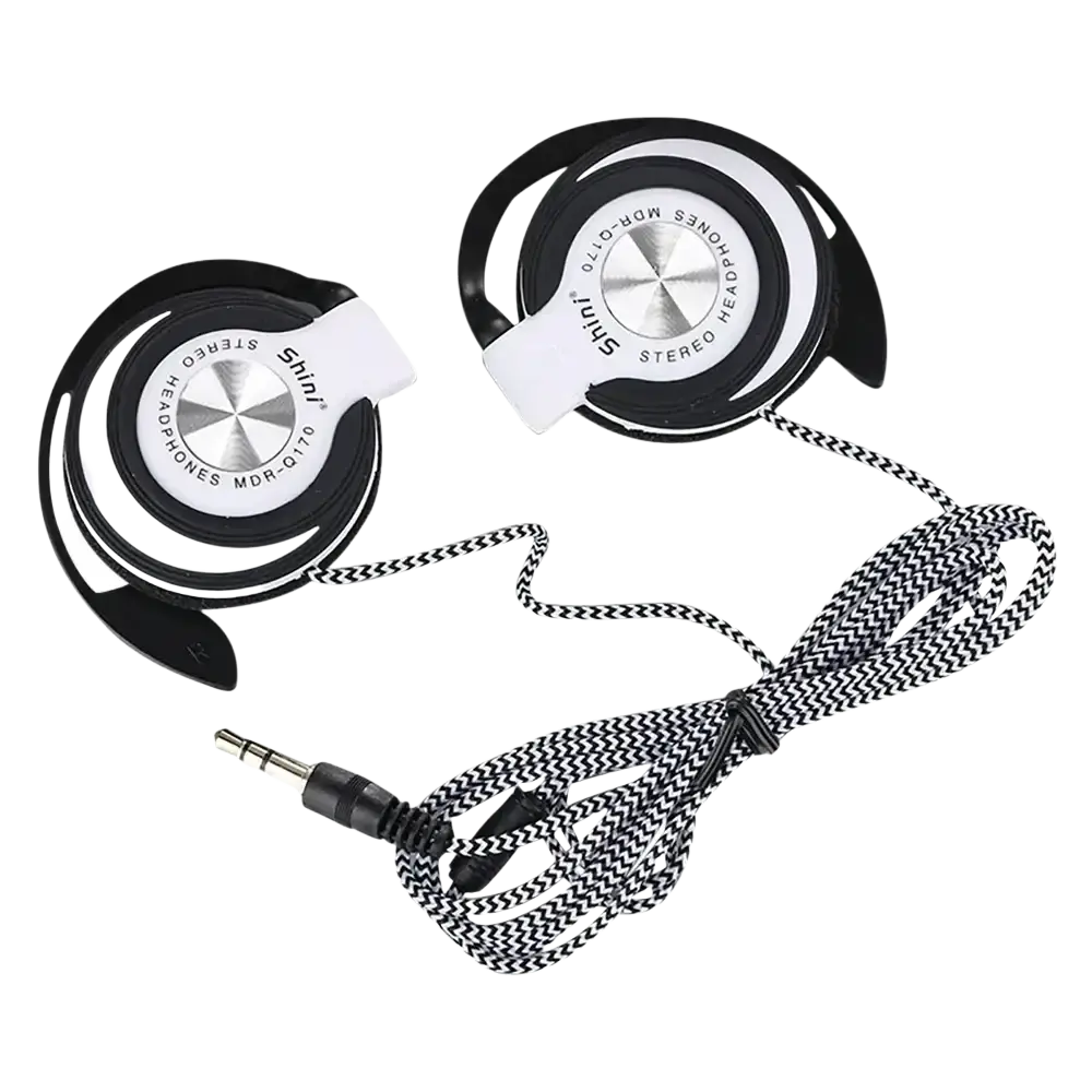 Black and silver mdr-q170 wired headphones with ear hook, heavy bass, circular design, and black-and-white zigzag cable