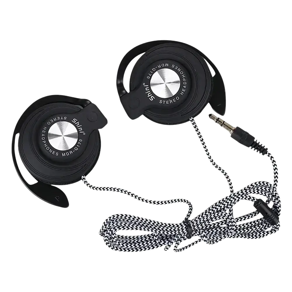 Black and silver wired headphones with heavy bass, ear hook design, and a coiled black-and-white herringbone cable