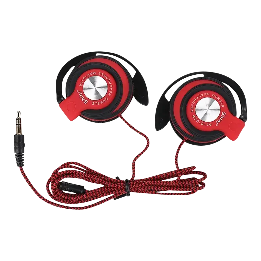 Red and black wired headphones with ear hook design and heavy bass feature branded shin on silver center ear cups