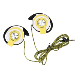 Yellow and black wired headphones heavy bass with ear hook and braided green and black cable for over ear use