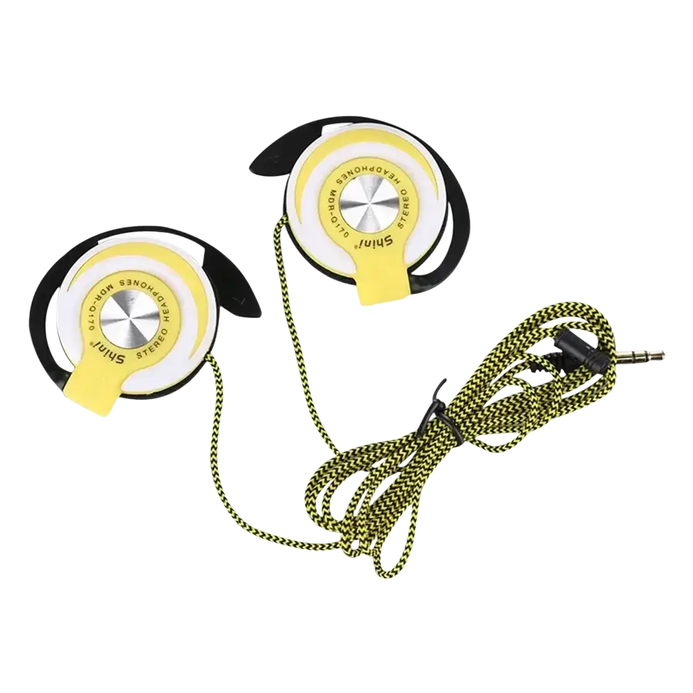 Yellow and black wired headphones with heavy bass feature ear hook design and braided roll-up cord for durability