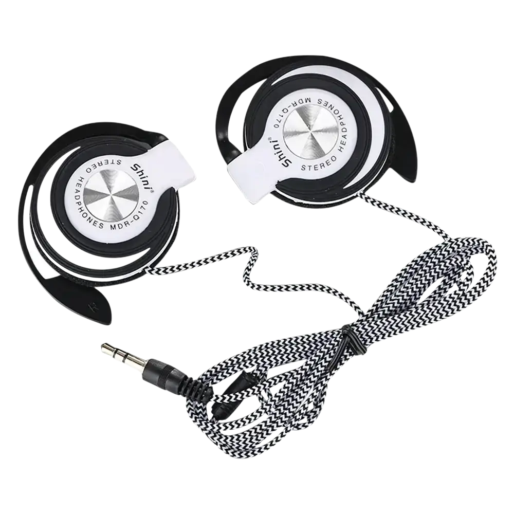 Black and silver shiny mdr-q170 wired headphones hifi with coiled design and braided black and white cable over-ear mic