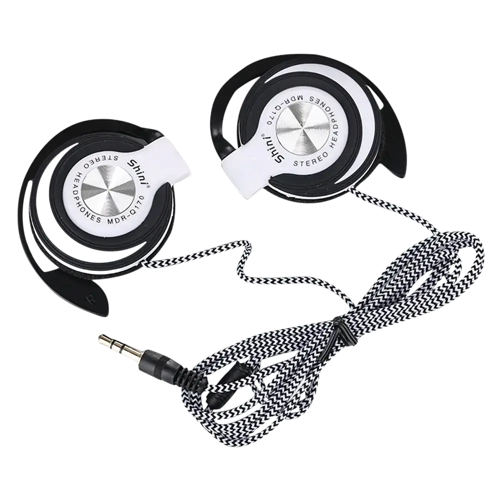 Black and white wired headphones hifi with silver metallic center and adjustable headband for hifi heavy bass use