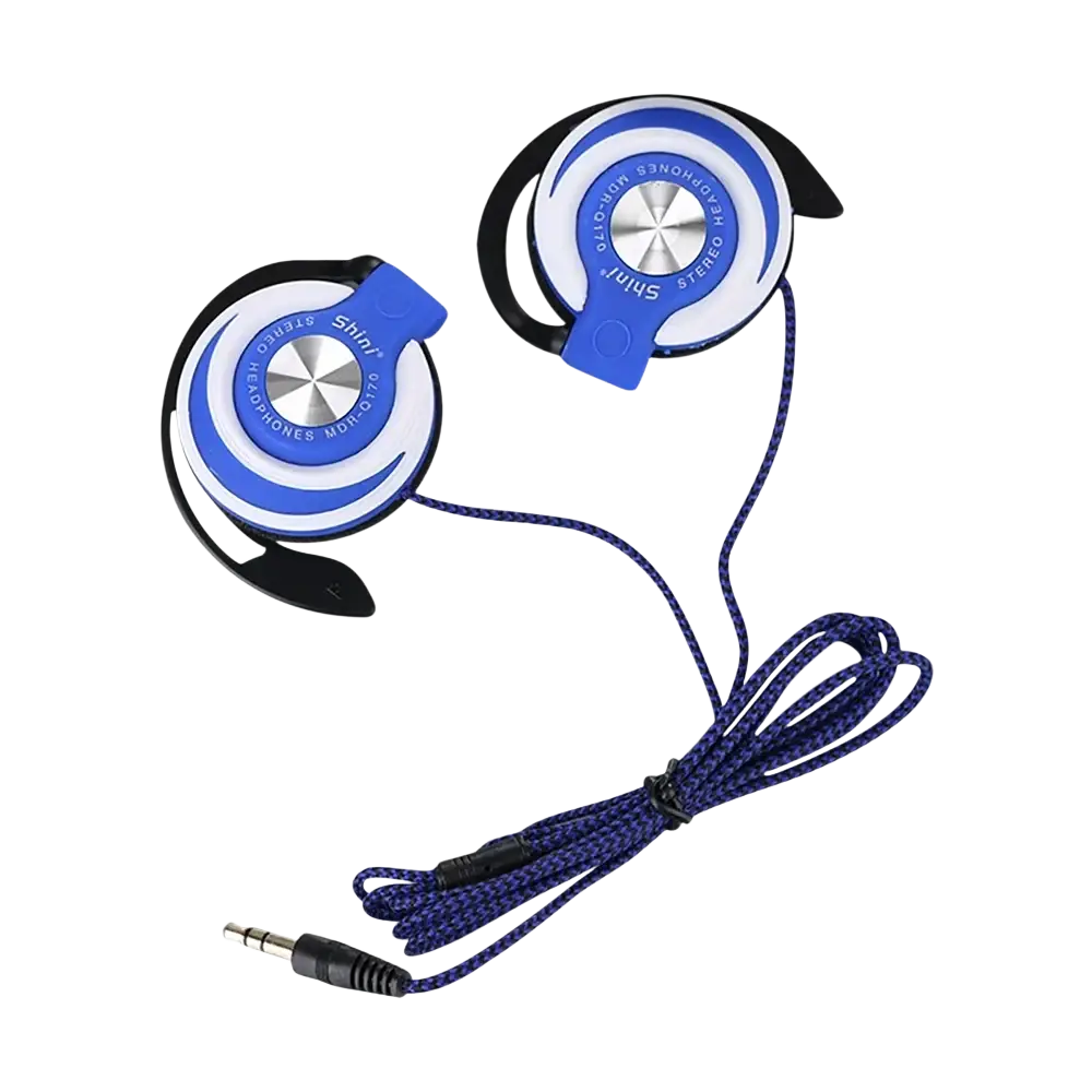 Blue and white over-ear wired headphones hifi with braided cord designed for hifi heavy bass audio and microphone use