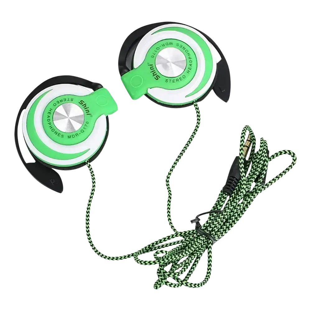 Wired headphones hifi heavy bass over-ear mic in green and white with black ear hooks and braided green-and-black cable