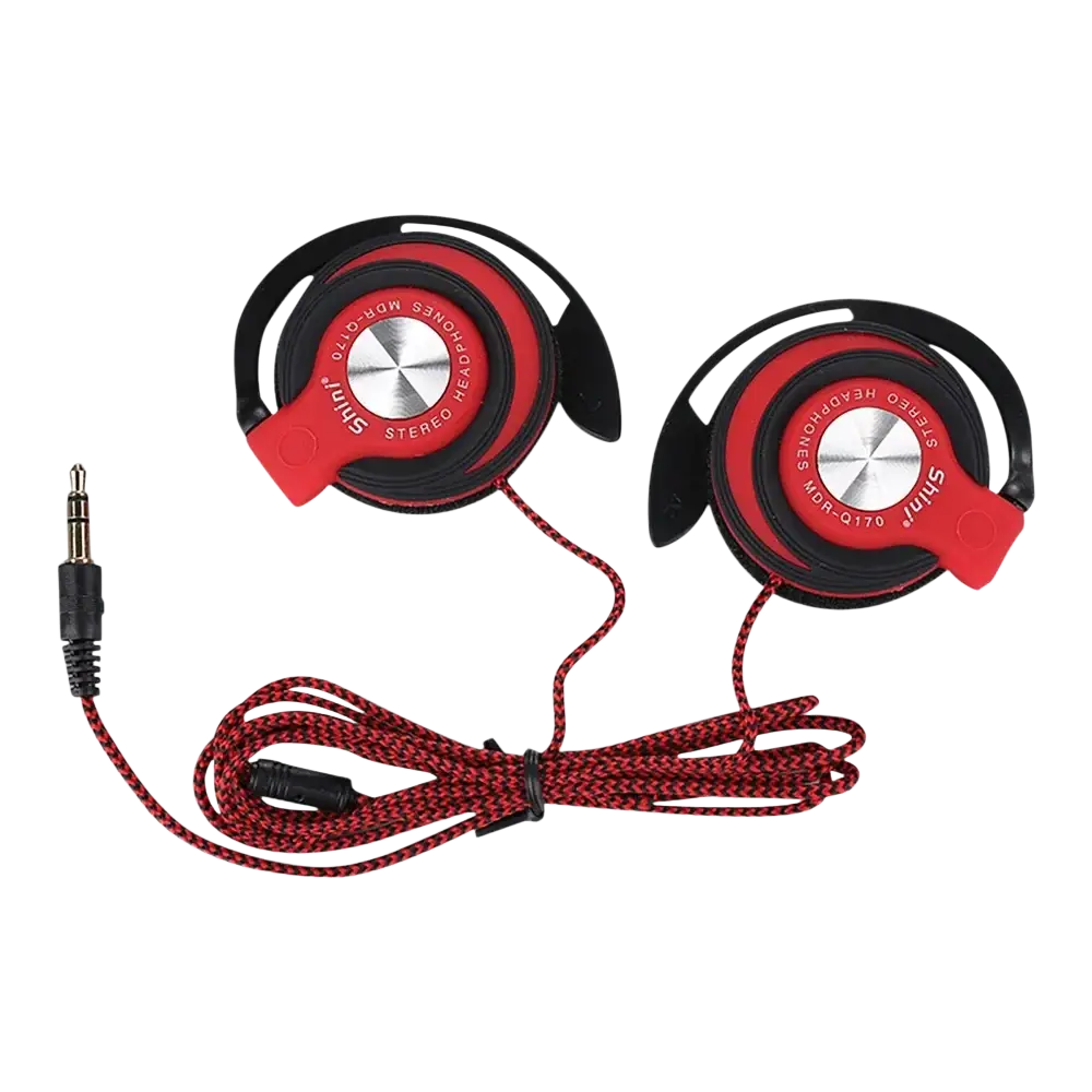 Red and black wired headphones hifi with silver center and shin branding, designed for hifi heavy bass and mic use