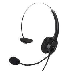 Black wired over-ear headset with padded earcup and flexible boom microphone for landline phone use