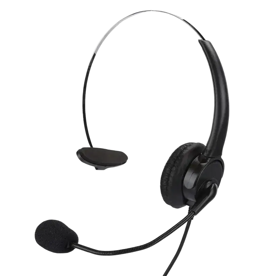 Black wired over-ear headset with padded earcup and flexible boom microphone for landline phone use