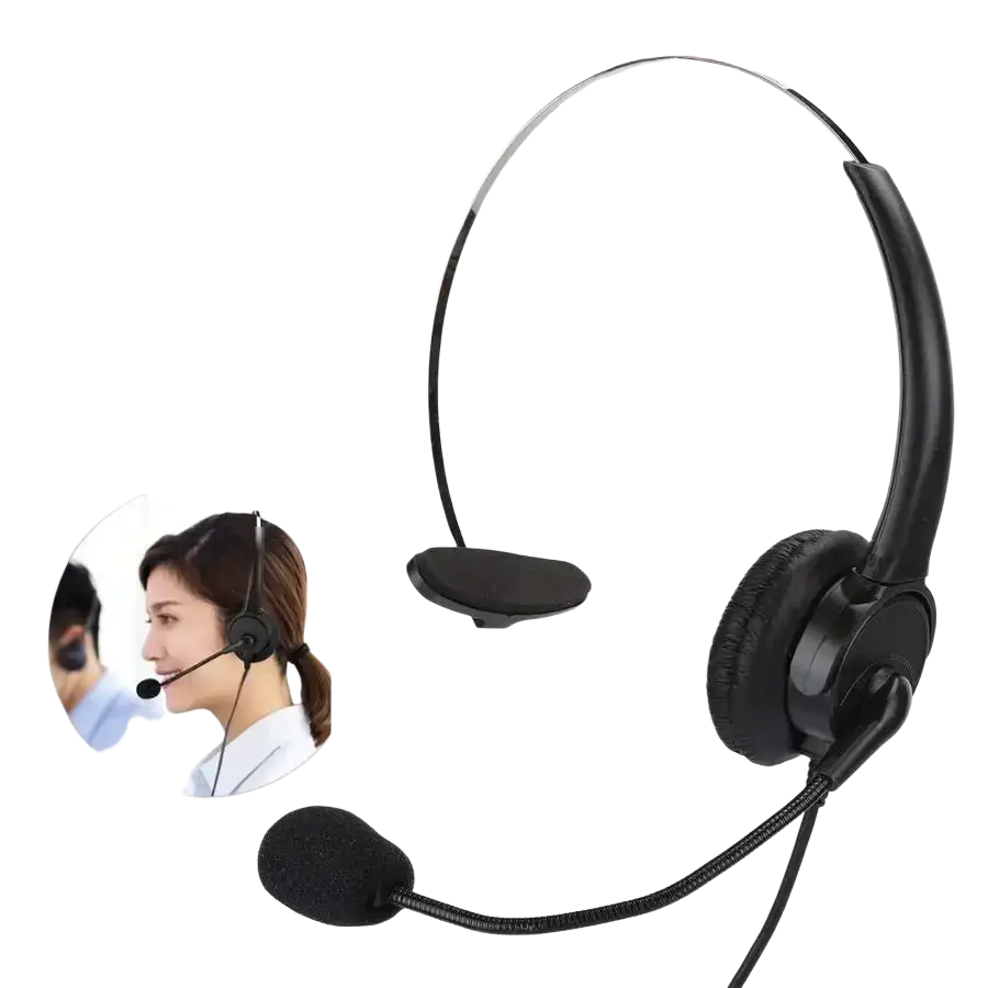 Black wired headset for landline phone with padded earcups and flexible boom microphone for clear communication