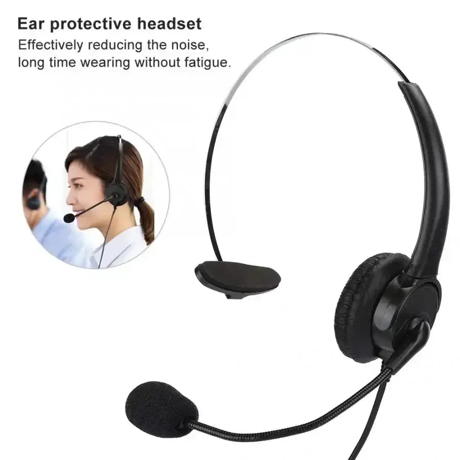 Black wired headset for landline phone with padded earcups and flexible microphone boom for noise reduction