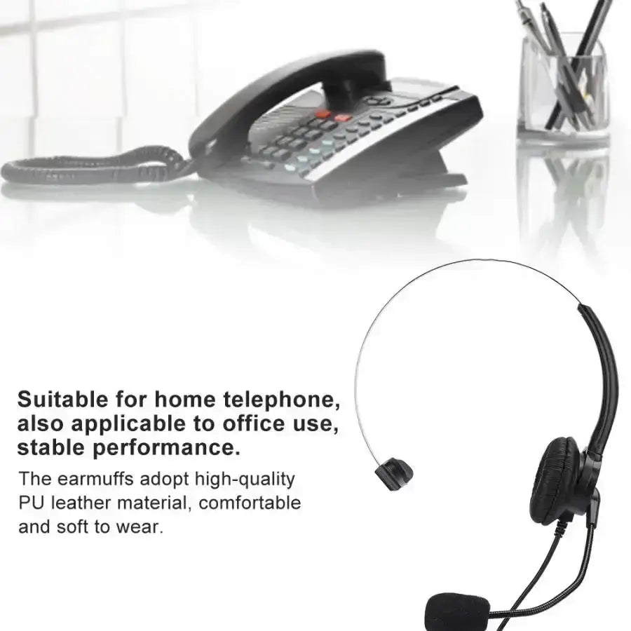 Black wired headset for landline phone with over-ear pu leather earcups and flexible headband with microphone
