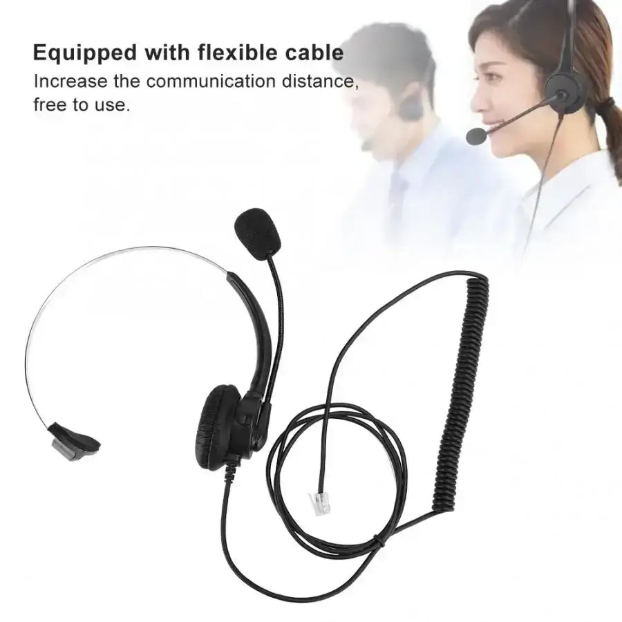Black wired headset for landline phone with over-ear design, flexible coiled cable, and microphone boom