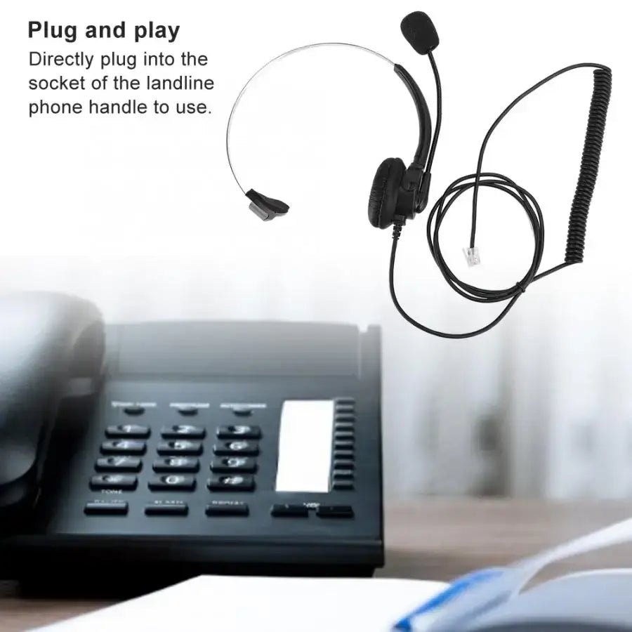 Black wired landline phone headset with over-ear design, coiled cable, and microphone for clear communication