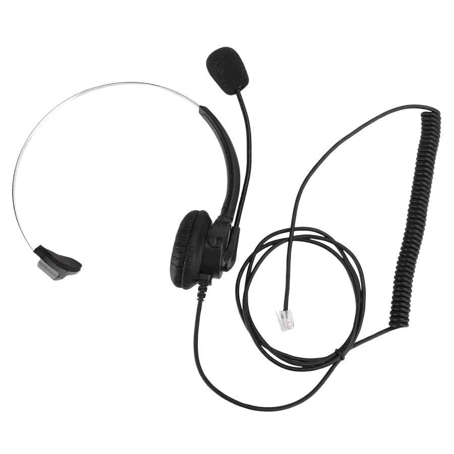 Black wired landline phone headset with over-ear design, flexible microphone arm, and coiled cable for office use