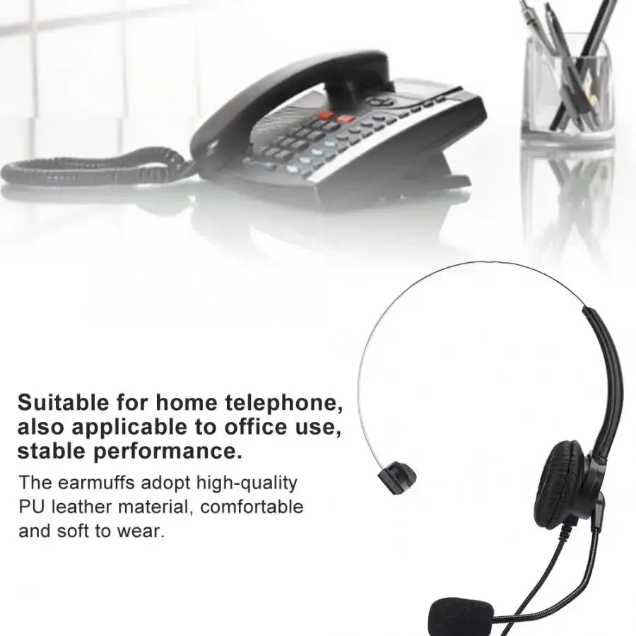 Black wired headset for landline phone with pu leather over-ear earcups and flexible headband
