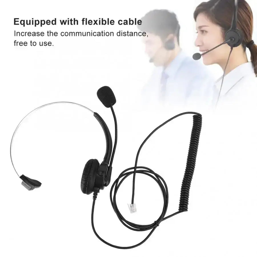 Black wired headset for landline phone with single ear, flexible coiled cable, and attached microphone