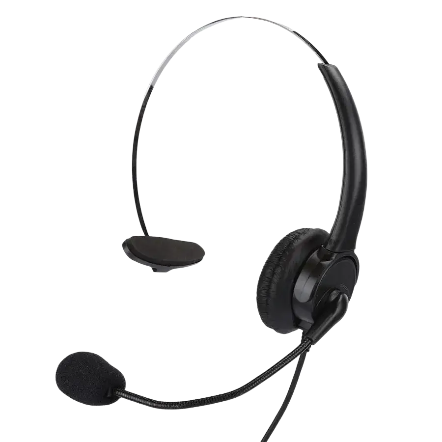 Black wired landline phone headset with single-ear padded earcup and flexible microphone arm for clear communication