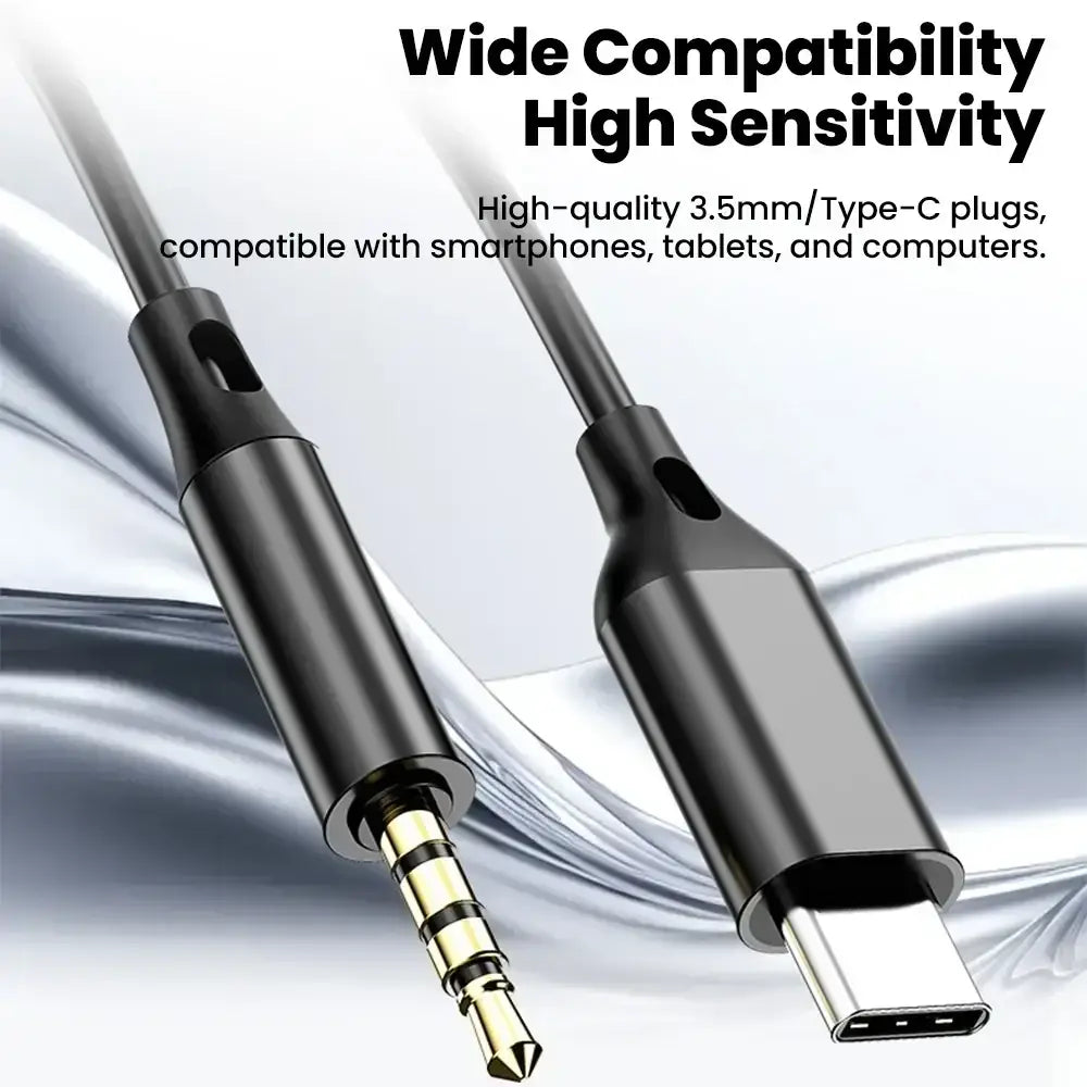 Black wired open ear headphones with volume control featuring 3.5mm jack and type-c plug for smartphones tablets and computers