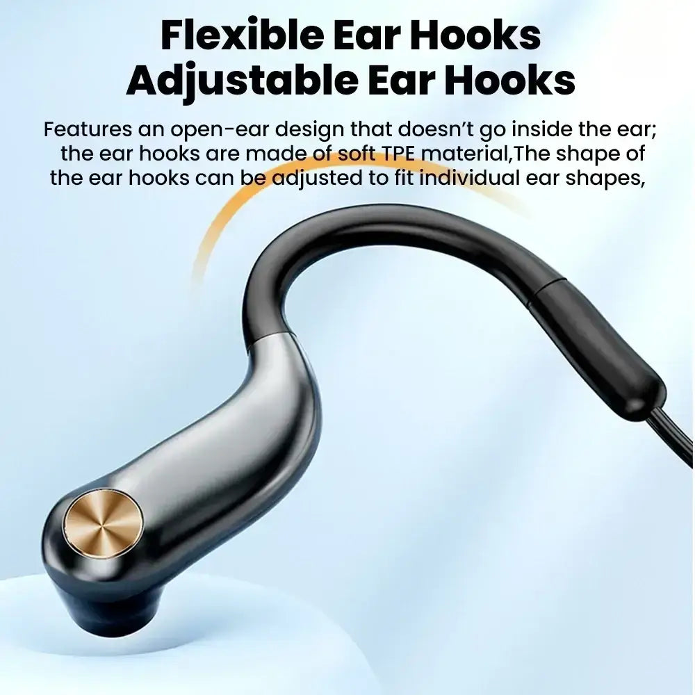 Black flexible ear hook of wired open ear headphones made of soft tpe with gold circular button and volume control