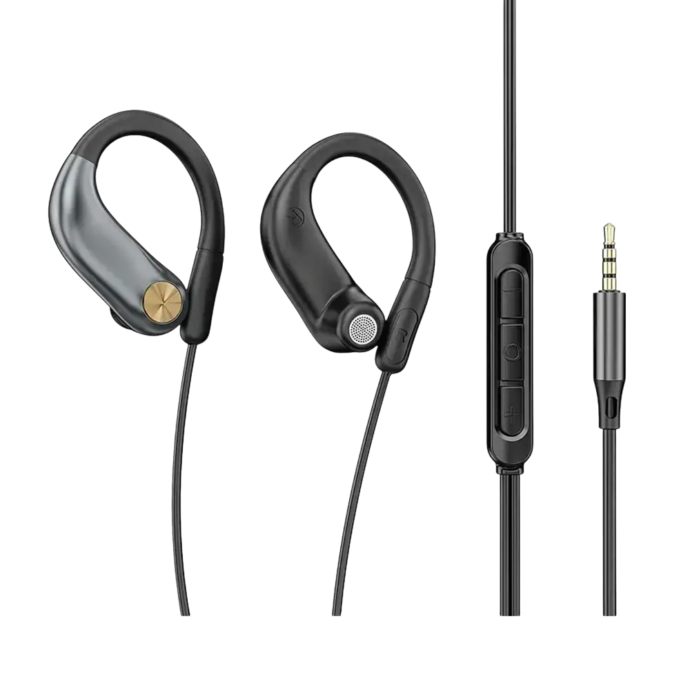 Sleek black and gold wired open ear headphones with adjustable hook and volume control for secure fit and clear sound