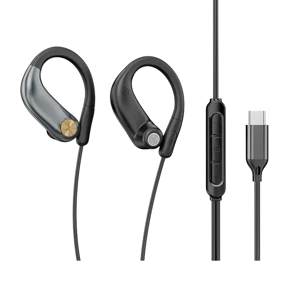 Black and gold wired open ear headphones with volume control and adjustable hook for secure sport-style fit