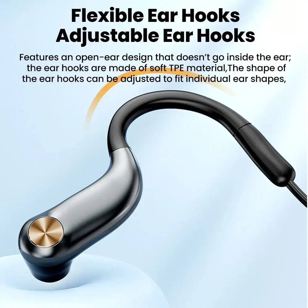 Black and gold wired open ear headphones with volume control feature and flexible soft tpe ear hook for adjustable fit