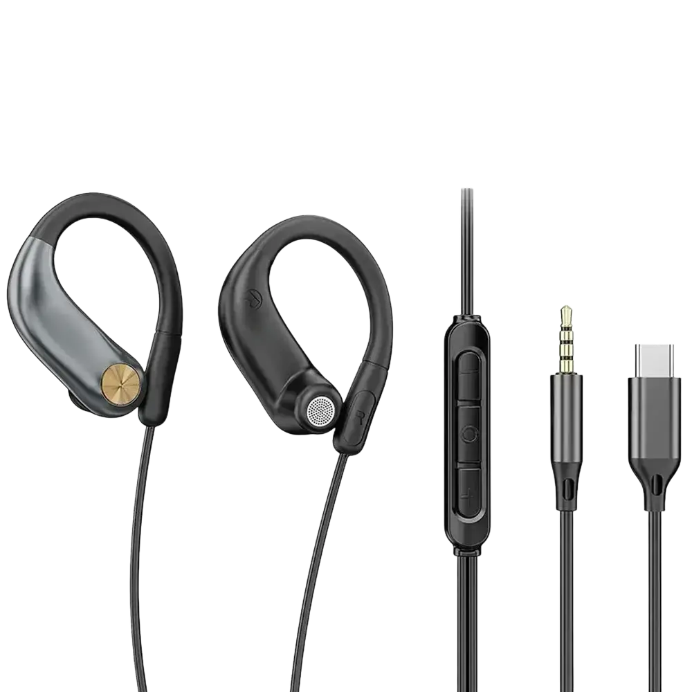 Black and gold inlayed wired open ear headphones with sleek ergonomic design and integrated volume control