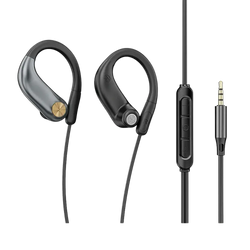 Black wired over ear headphones with gold accents and volume control featuring a 3.5mm audio jack