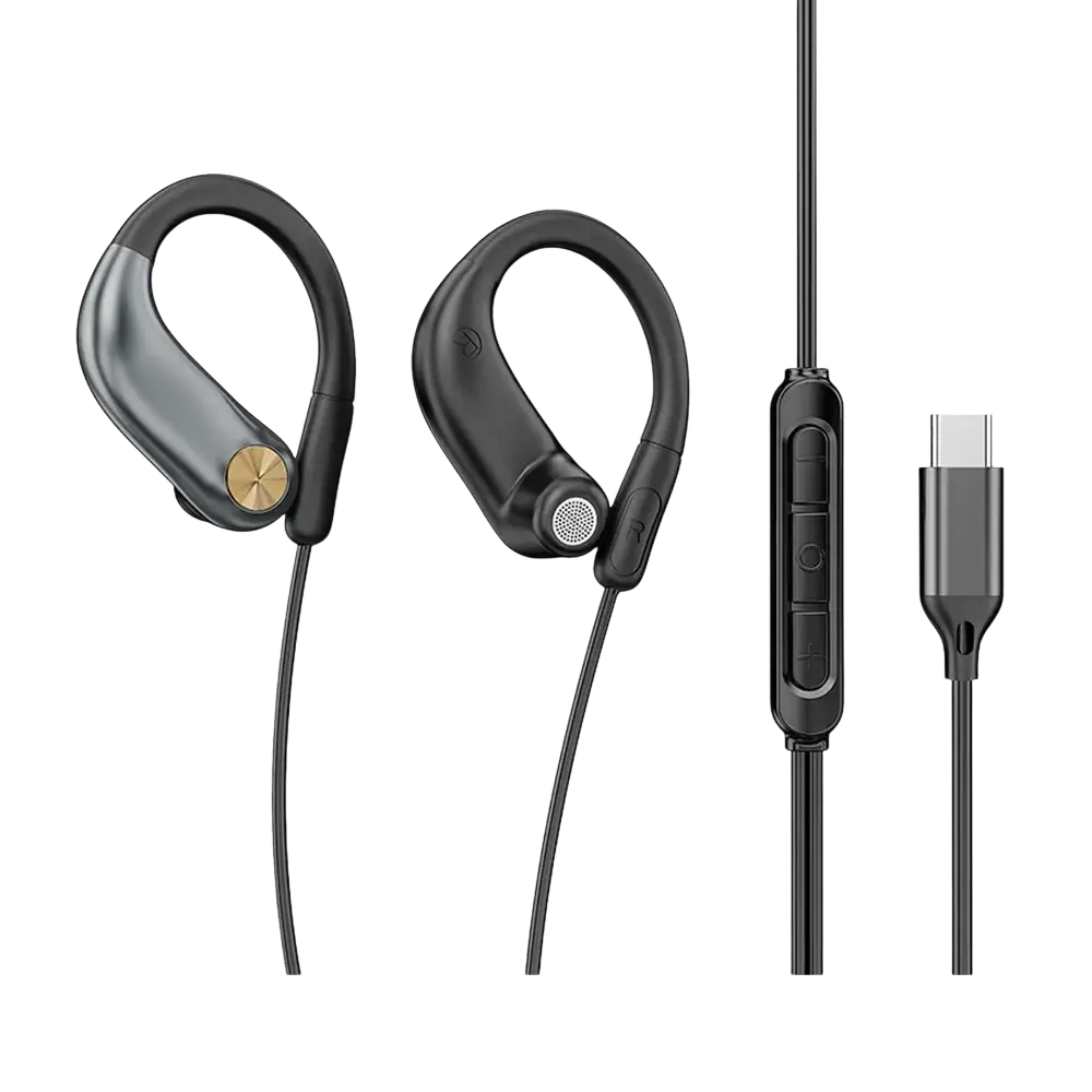 Black wired open ear headphones with ergonomic design gold accent and volume control on the earpiece